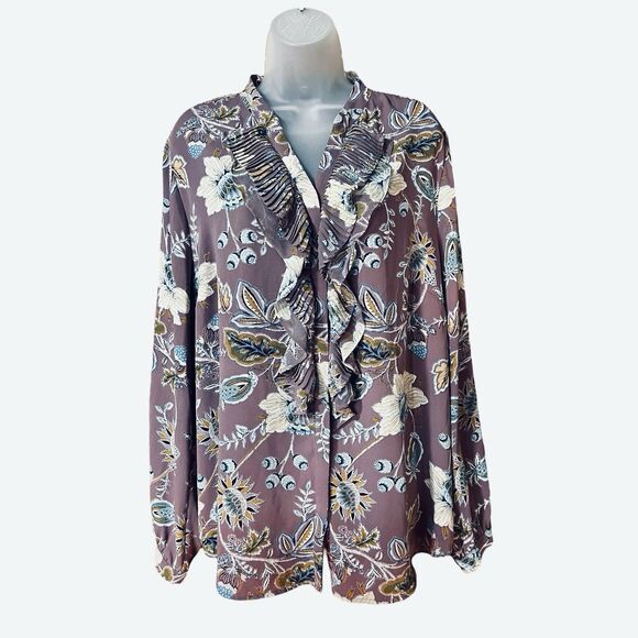 Chico's Floral Ruffled V-Neck Button Down Blouse Long Sleeves Sz XL Cottagecore - Picture 2 of 9